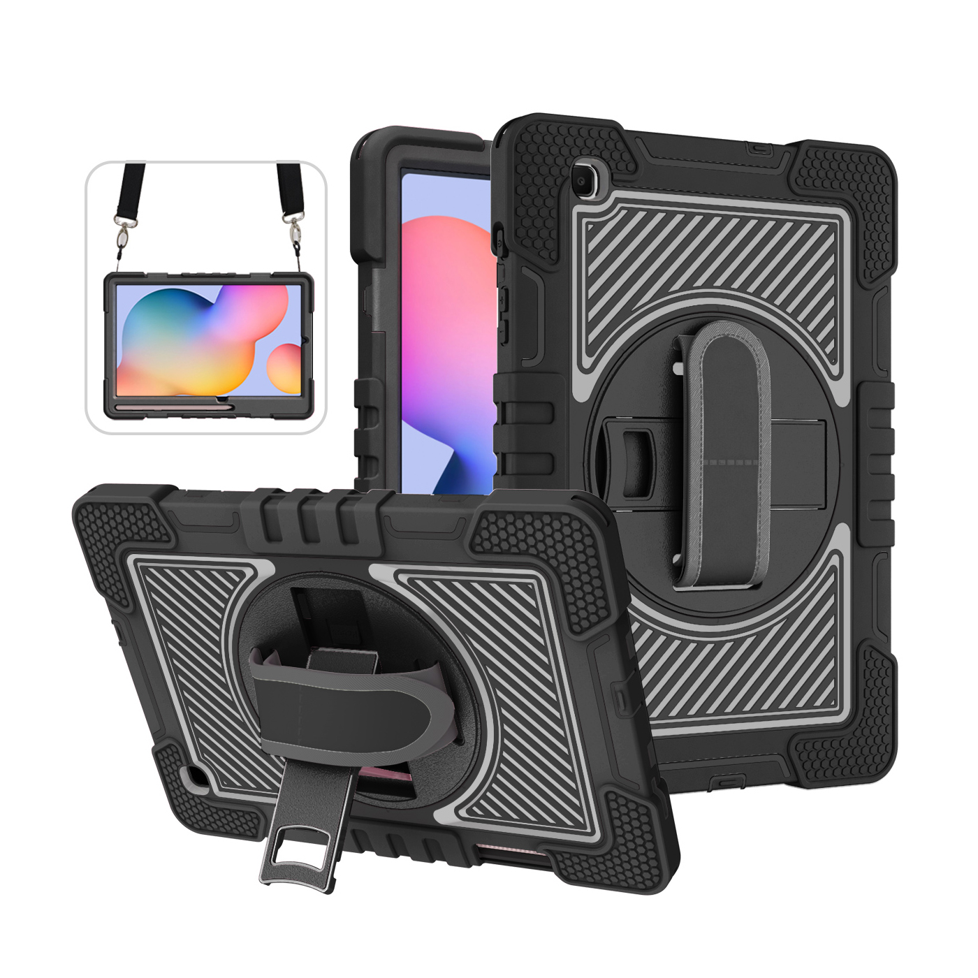 TOZIZO Black 360° Rotating Rugged Case for Samsung Galaxy Tab S6 Lite 10.4 – Hand Strap & Wide Shoulder Strap for Enterprise Fleets