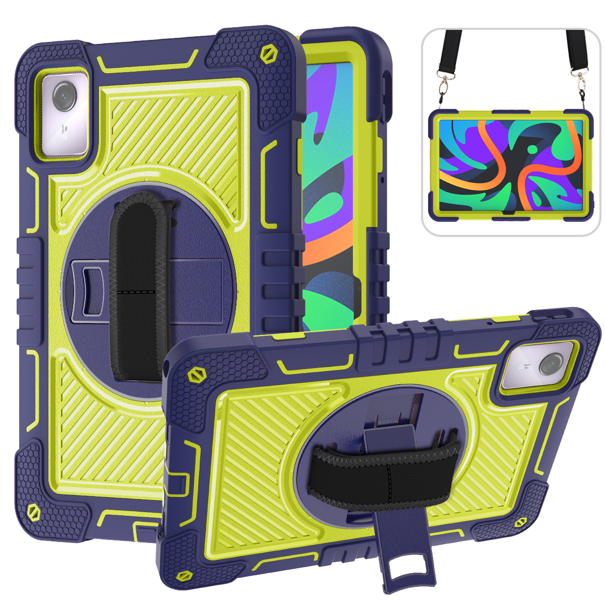 TOZIZO Navy Blue Industrial-Style Case for Lenovo TAB M11 2024 – 360° Rotatable Stand, Secure Hand Grip & Wide Shoulder Strap, Drop/Slip/Dust Protection for Logistics & Field Service Fleets