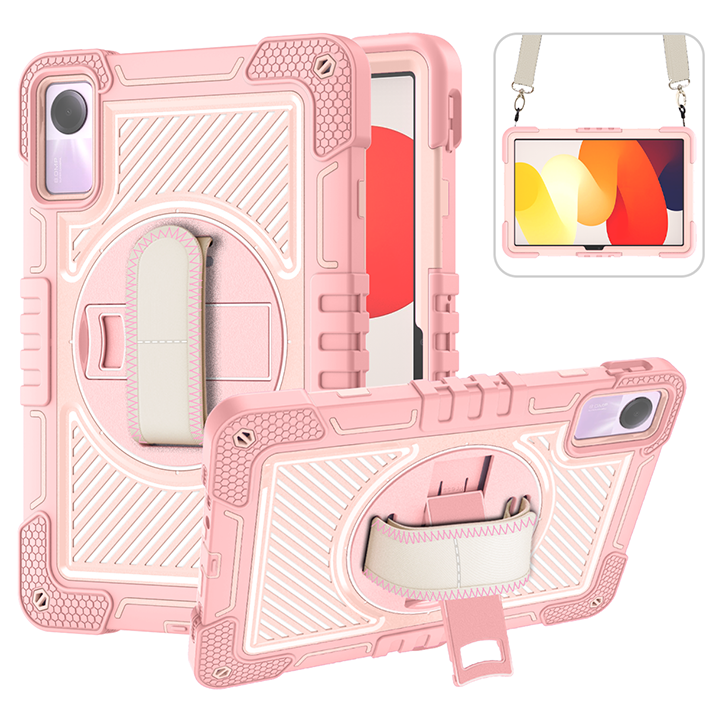TOZIZO Rose Gold 3-Layer Protective Case for Redmi Pad SE with Rotating Stand & Hand Grip