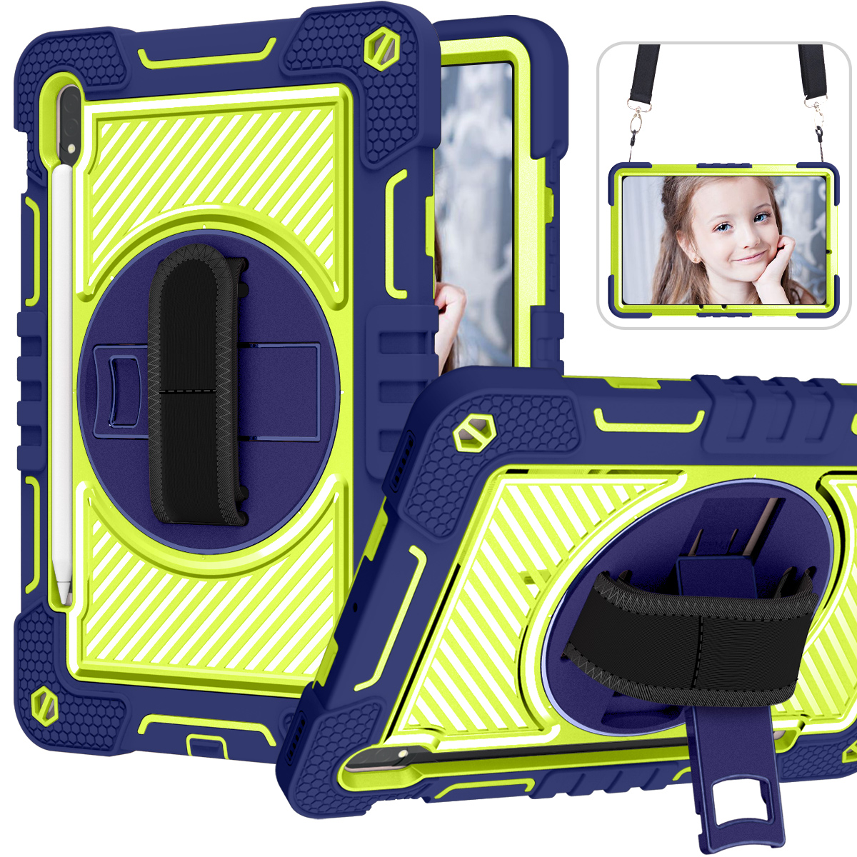 TOZIZO Navy Blue Enterprise Case for Samsung Galaxy Tab S8 – 360° Rotating Kickstand, Hand Strap & Crossbody Strap