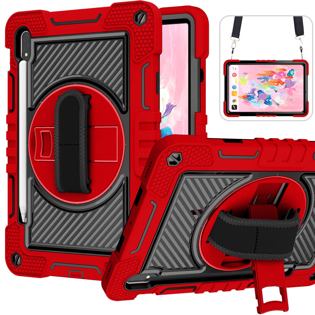 TOZIZO Red Heavy Duty for Samsung Galaxy Tab S8 Case with 360° Kickstand, Adjustable Hand Grip & Wide Shoulder Strap