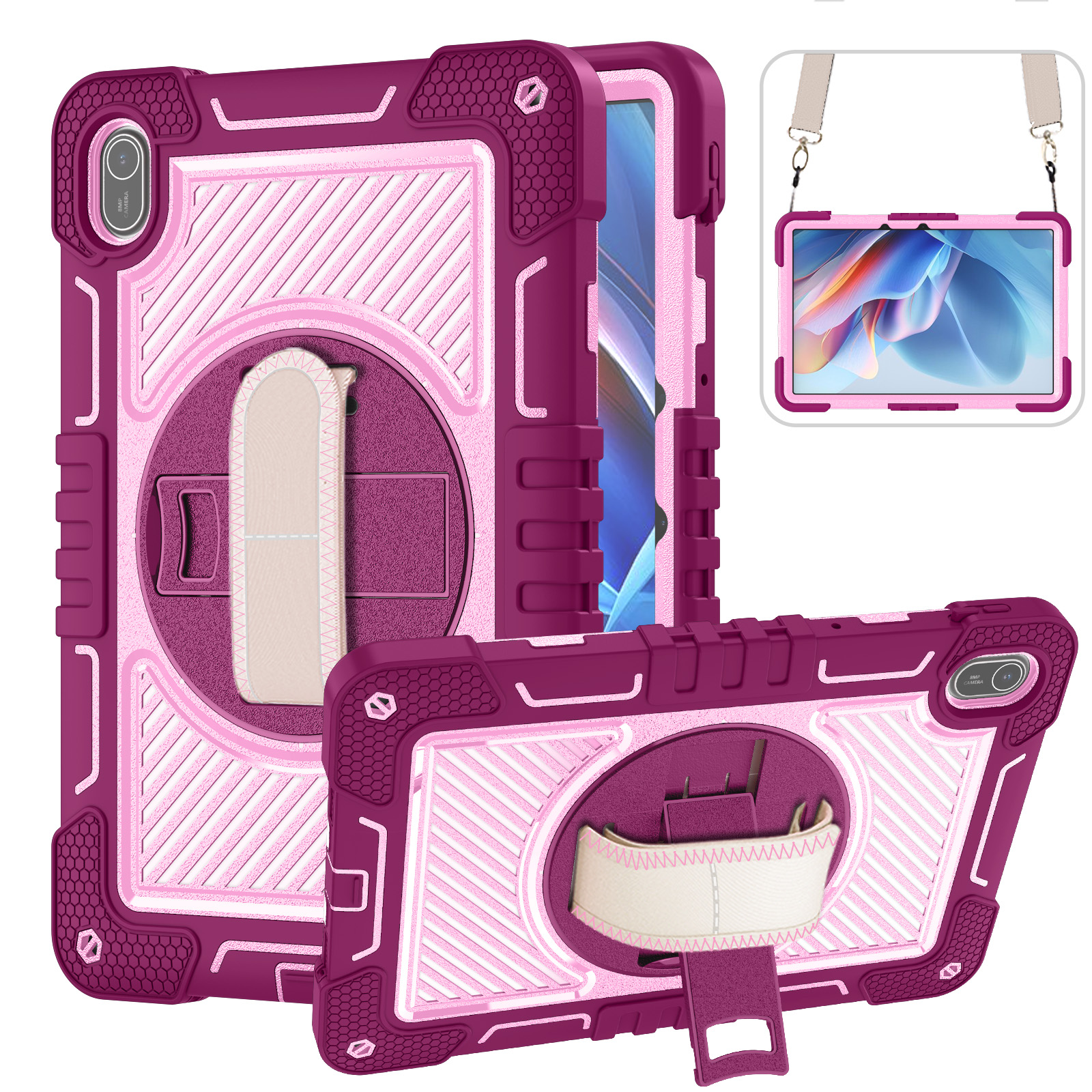 TOZIZO Rose Red Commercial Protective Case for Huawei MatePad SE 11, 3-Layer Anti-Slip Armor with 360° Kickstand