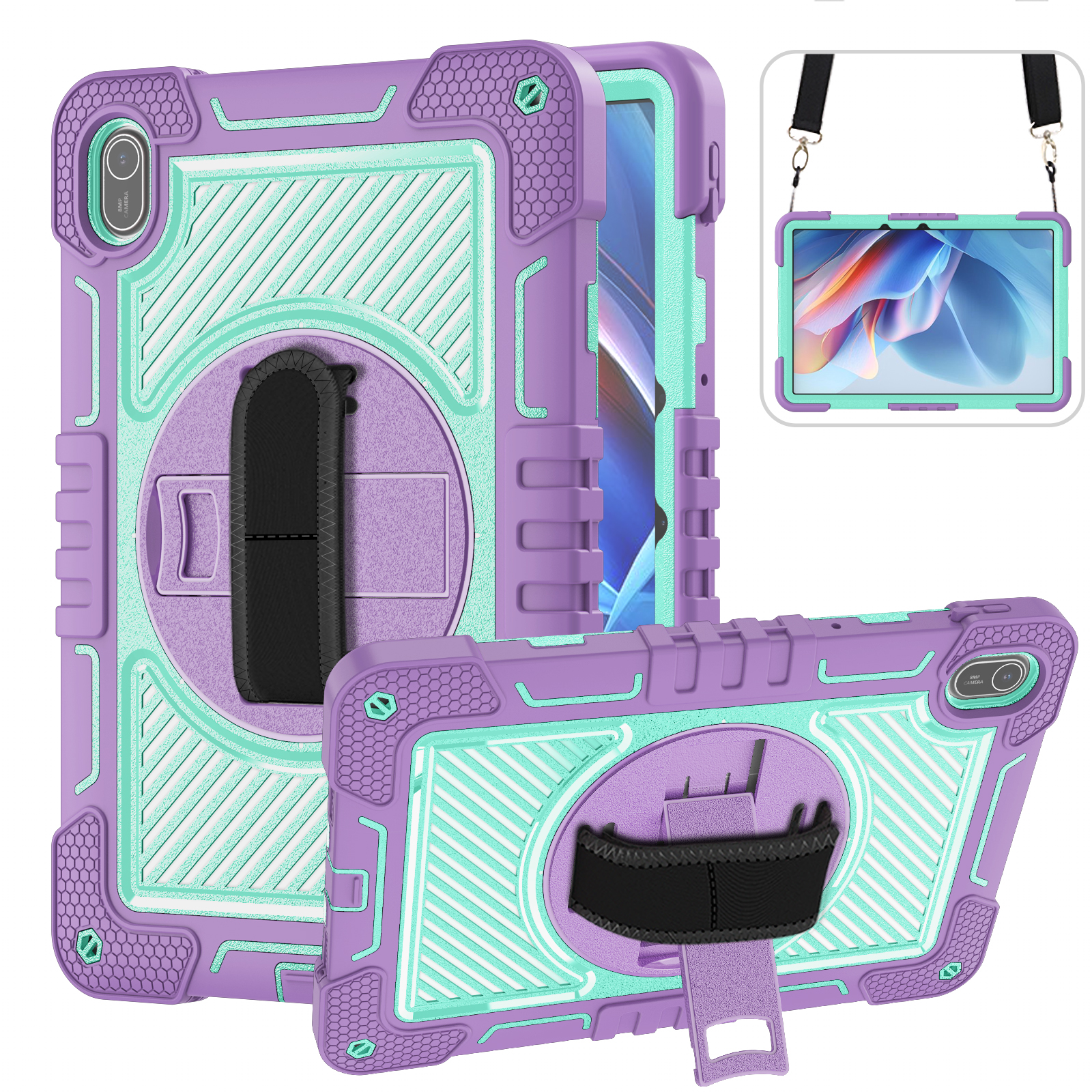 TOZIZO Purple Mint Rugged Cover for Huawei MatePad SE 11, Multi-Angle 360° Stand with Hand Grip & Shoulder Strap