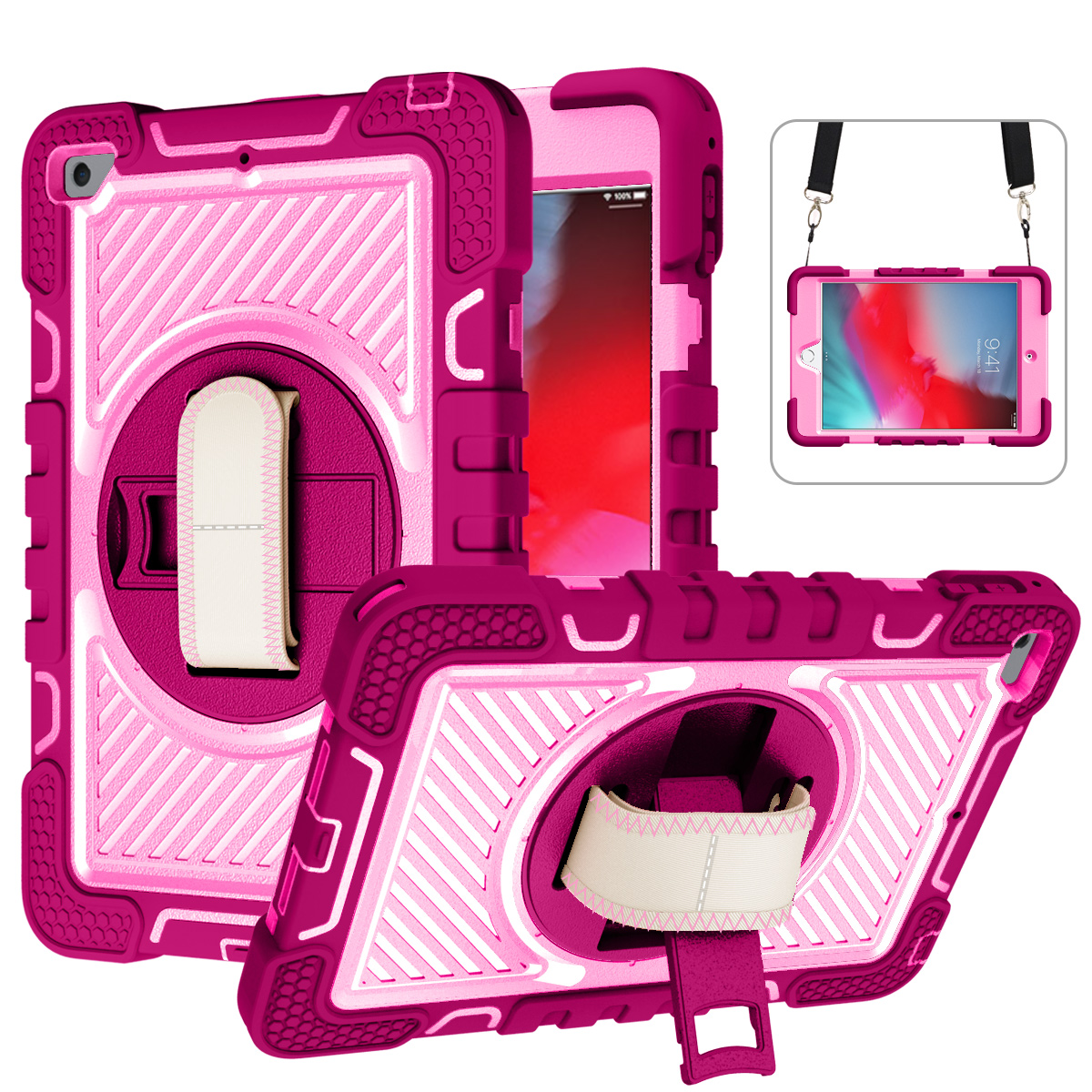 TOZIZO Rose Red for iPad mini 4/5 Rugged Carry Case with 360° Rotating Kickstand, Secure Hand Strap & Adjustable Shoulder Strap