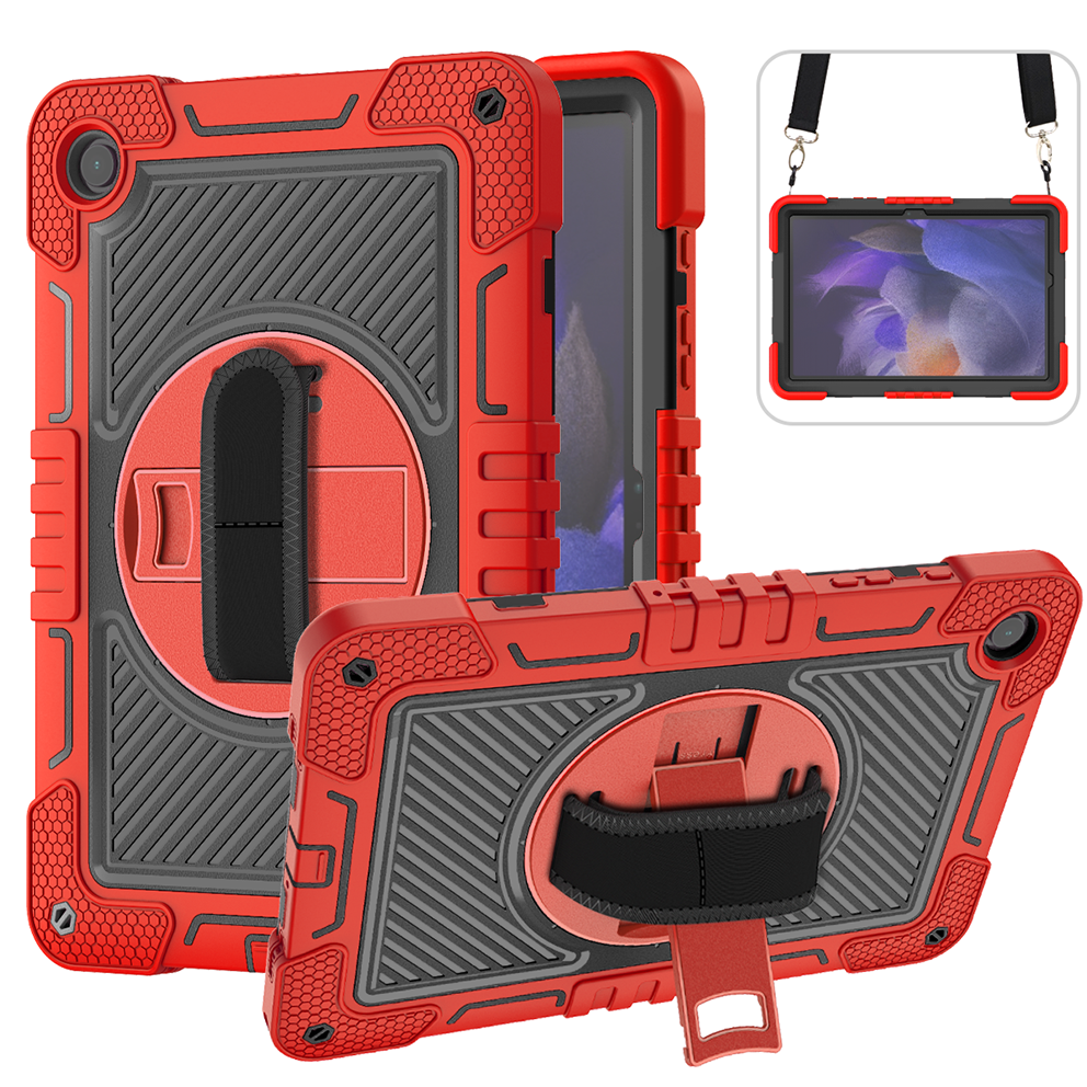 TOZIZO Red Industrial Shockproof Cover for Samsung Tab A9 PAD | 3-Layer 360° Stand Case with Adjustable Carry Straps