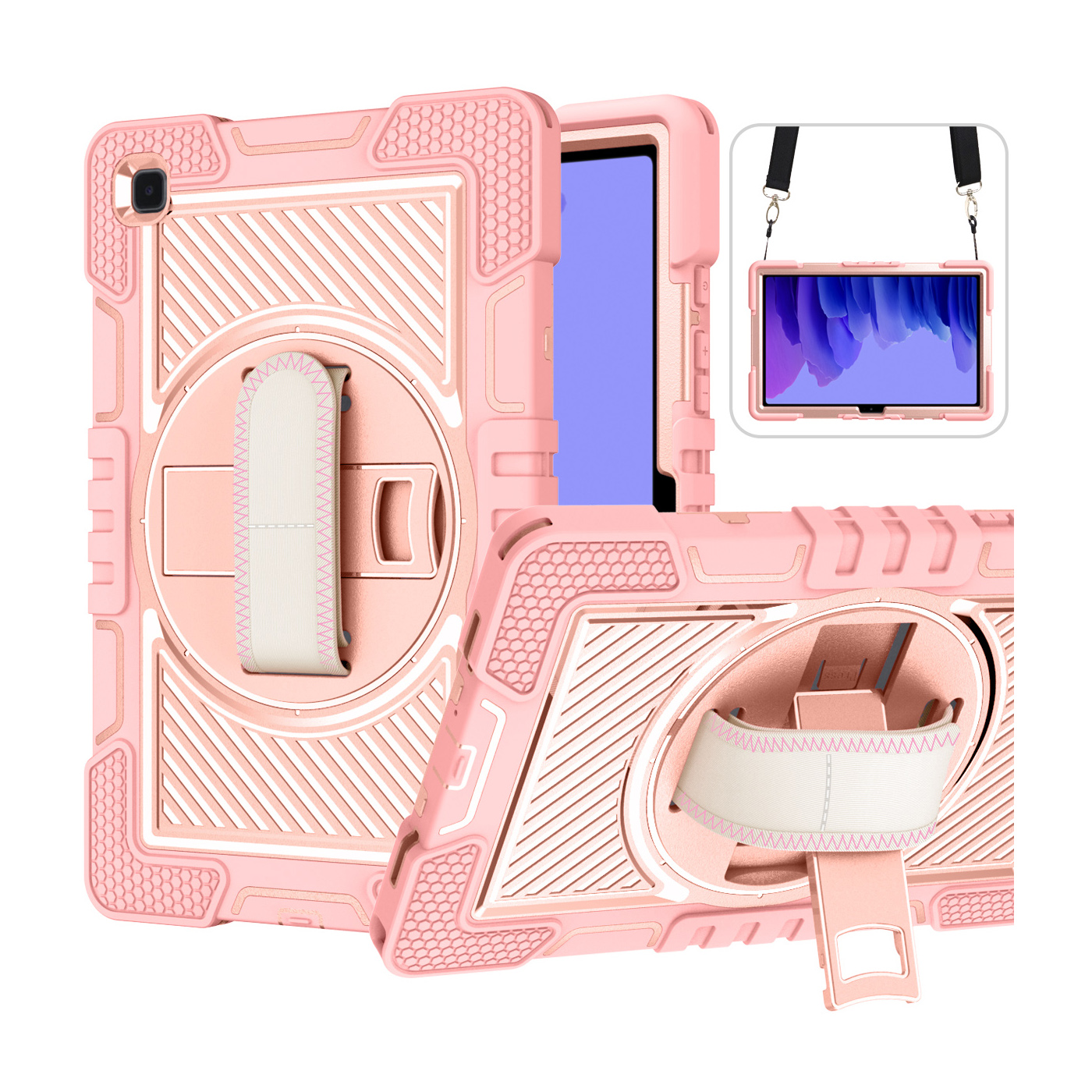TOZIZO Rose Gold 360° Rotating Protective Case for Samsung Tab A7 with Hand Strap & Wide Shoulder Strap | Corporate Gift & Retail Bulk