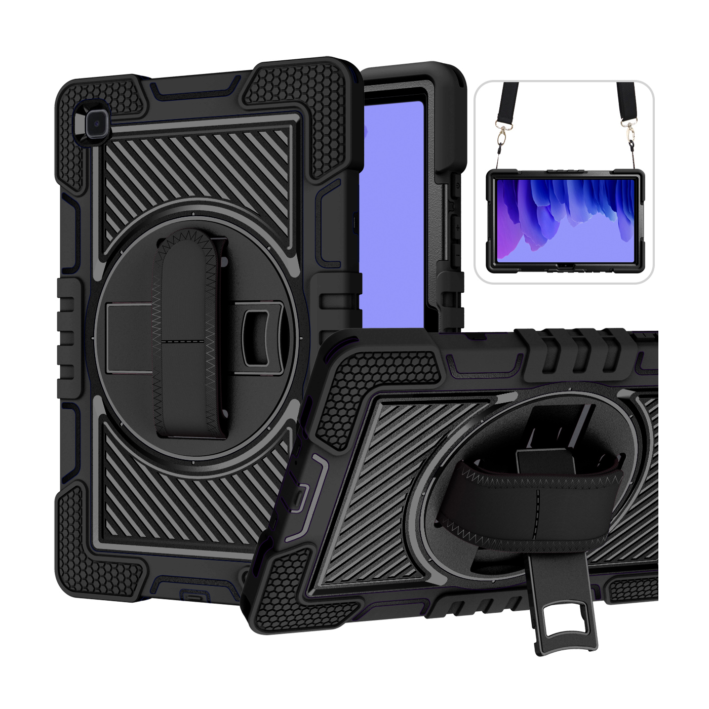TOZIZO Black Enterprise 360° Rotating Rugged Case for Samsung Tab A7 with Adjustable Hand Strap & Wide Shoulder Strap | B2B Wholesale