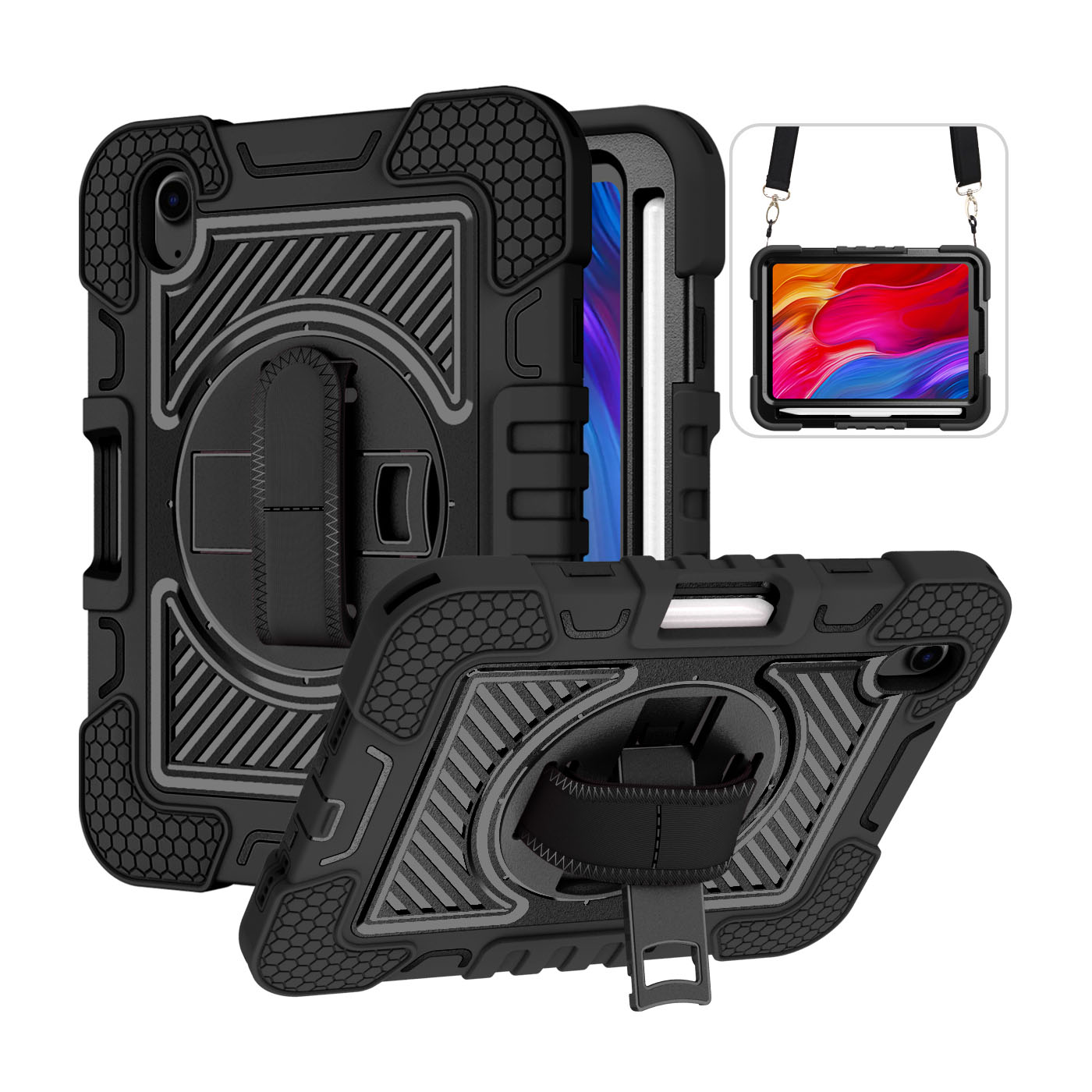 TOZIZO Black Heavy Duty Rugged Case for iPad mini 6 with 360° Stand, Hand Strap & Shoulder Strap for Enterprise Use