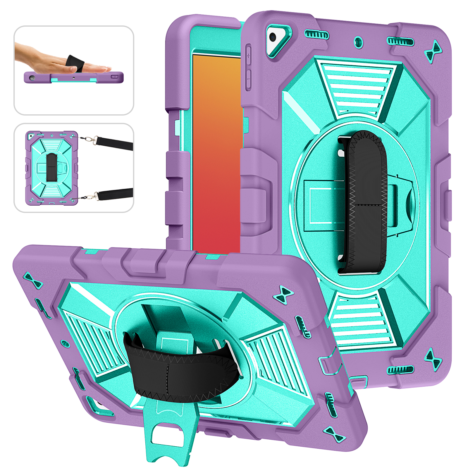 TOZIZO for iPad 10.2 Purple Mint Classroom Rugged Case with 360° Multi-Angle Stand, Hand Strap & Wide Carry Belt | School Wholesale
