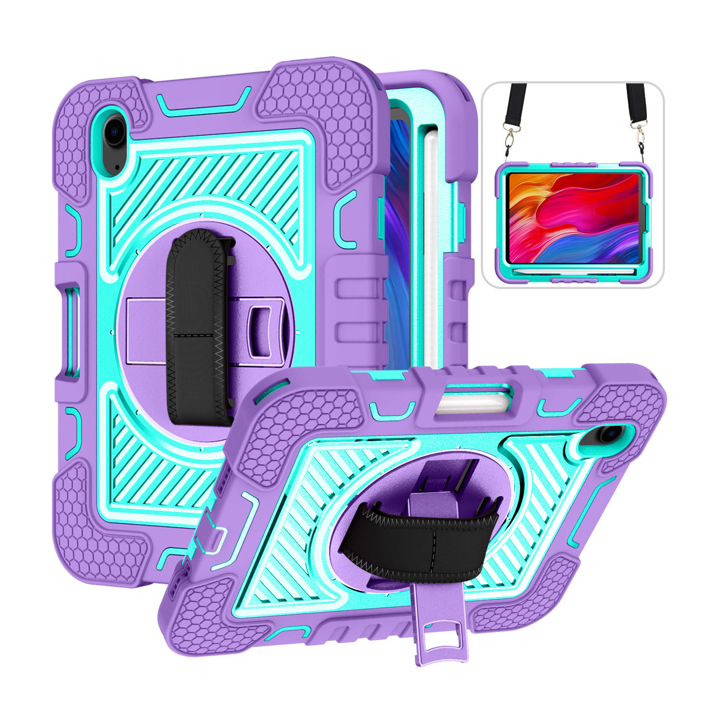 TOZIZO Purple Mint 3-in-1 Rugged Case for iPad mini 6 with Multi-Angle Stand & Carry Straps for Schools and Mobile Staff