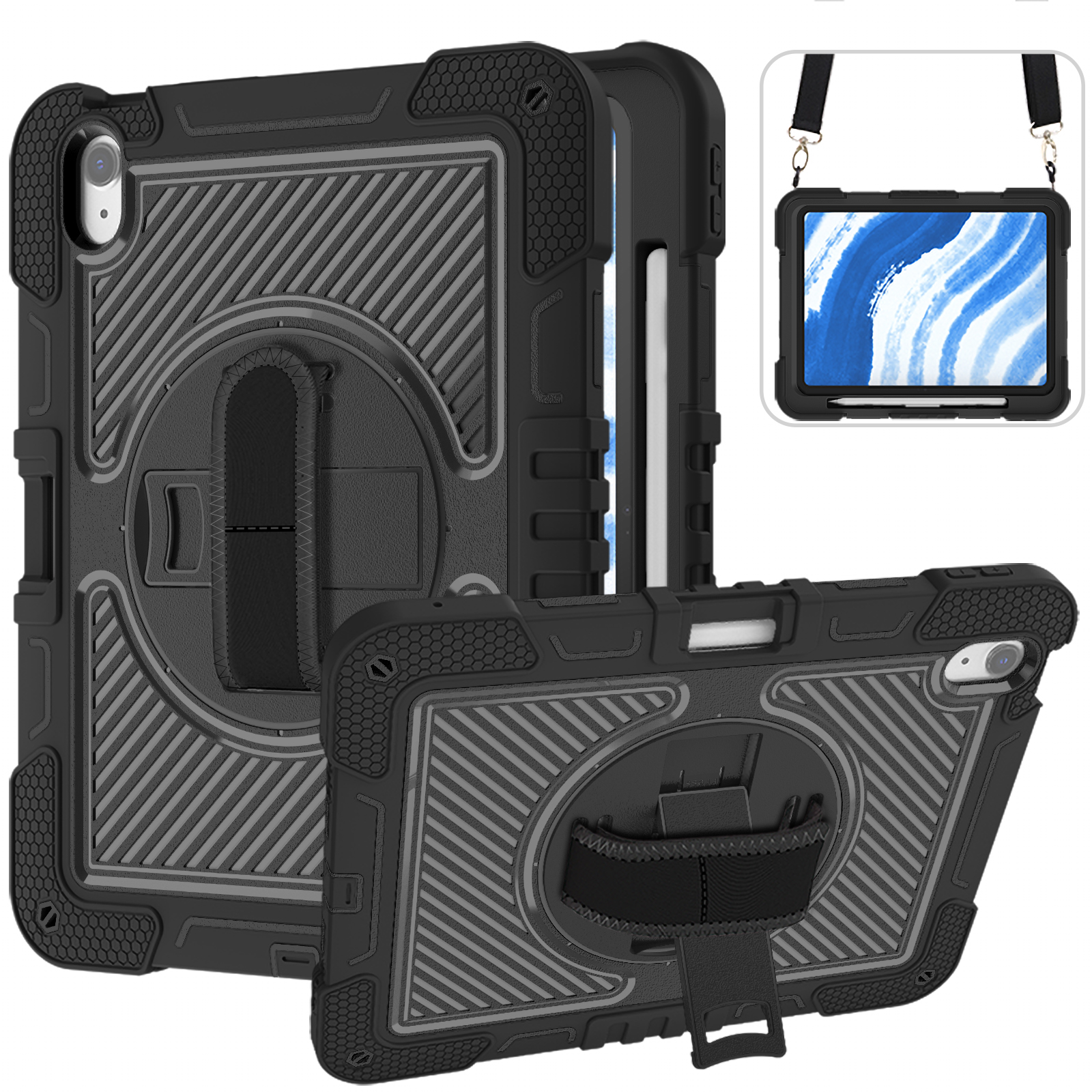 TOZIZO Black Enterprise Rugged Case for iPad Air 11 with 360° Rotating Stand & Carry Straps