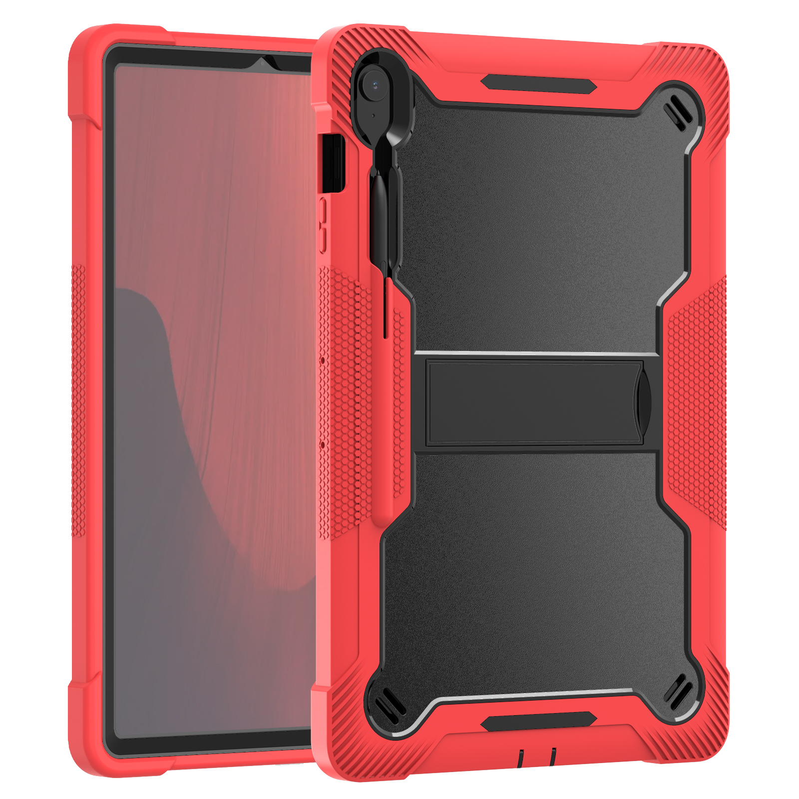 TOZIZO Red Black Industrial Armor Case for Samsung Tab S10 FE+, Shockproof 3-in-1 Silicone PC Cover with Foldable Landscape Stand