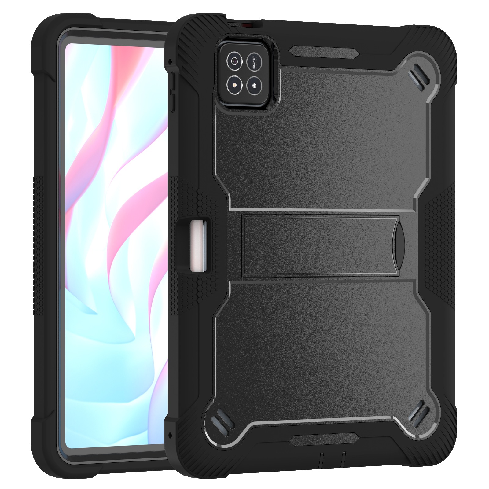 TOZIZO Black Rugged Case for Xiaomi Pad 7 / 7 Pro with Foldable Multi-Angle Stand, 3-Layer Silicone + PC Protection for Enterprise Buyers