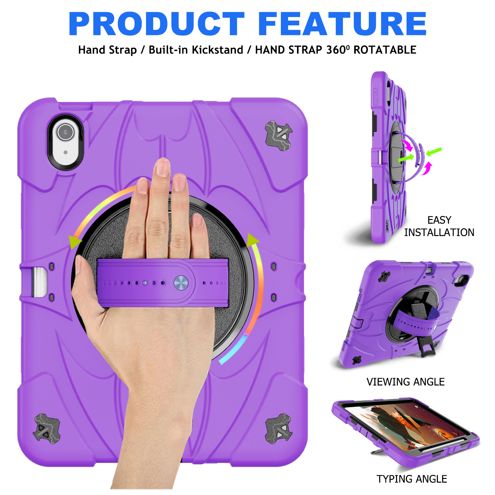 TOZIZO Purple Heavy Duty Shockproof Kids iPad Air 11″ (2024/2025) Case with 360° Hand Strap & Kickstand
