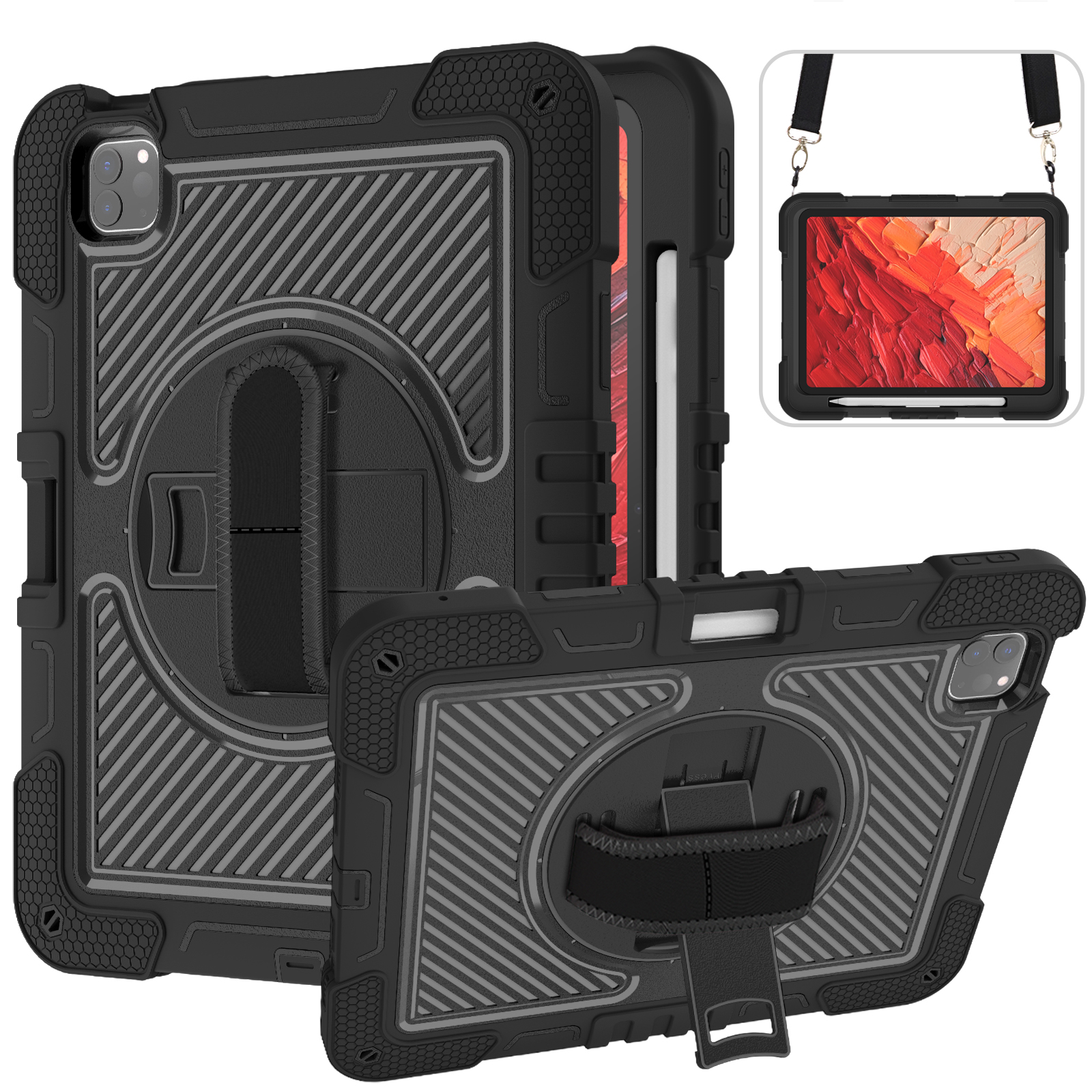 TOZIZO for iPad Pro 11 2024 Black Heavy Duty 3-Layer Case with 360° Rotating Stand, Hand Strap & Shoulder Strap