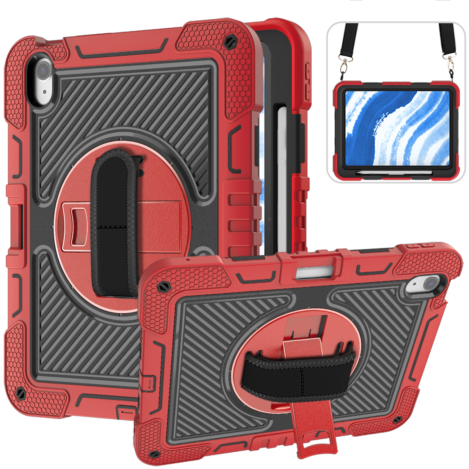 TOZIZO Red Shockproof Armor Case for iPad Air 11 360° Kickstand, Hand Grip & Shoulder Strap