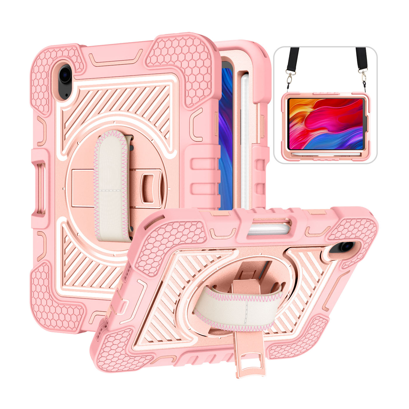 TOZIZO Rose Gold Protective Case for iPad mini 6 with Rotating Stand & Adjustable Straps for Retail and Education