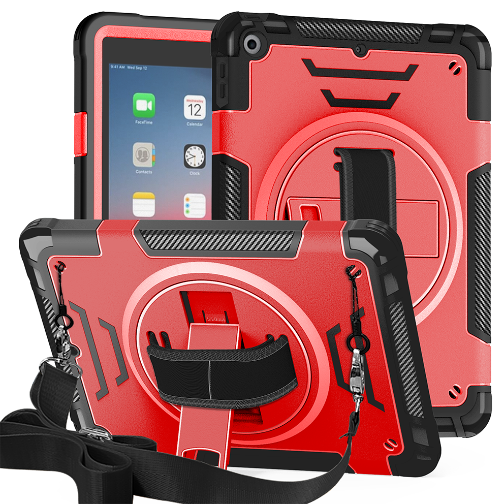 TOZIZO Red Heavy Duty Case for iPad 5th/6th Gen 9.7 – 360° Rotating Stand, Hand Grip & Wide Shoulder Strap for Industrial Teams