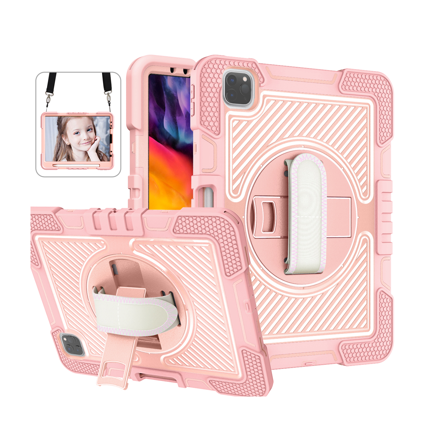TOZIZO Rose Gold Protective Case for iPad 11 Pro – 360° Swivel Stand, Adjustable Hand Strap & Widened Shoulder Strap, 3-in-1 PC Silicone Armor Cover for OEM, Private Label & Reseller Programs