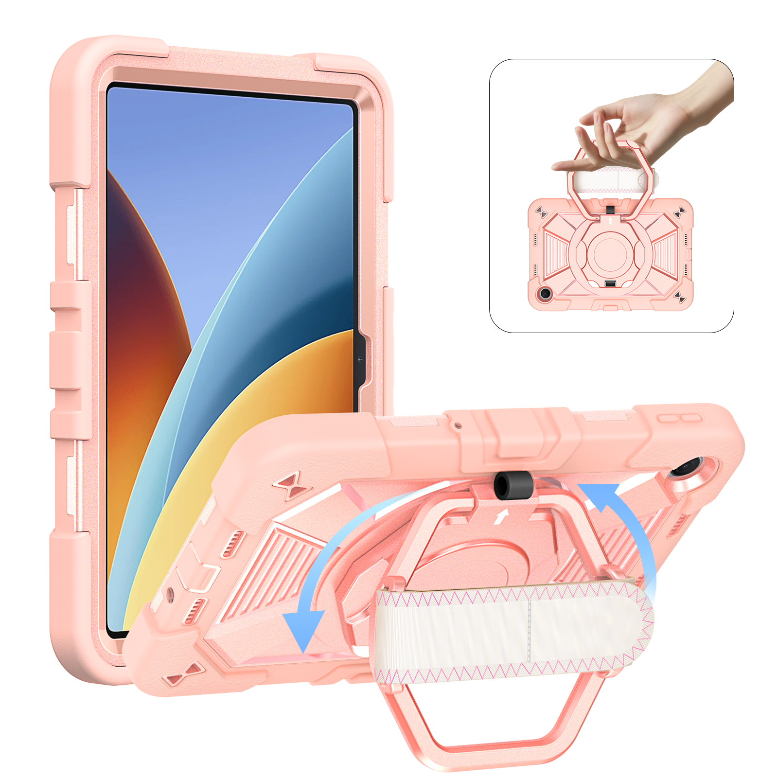 TOZIZO Rose Gold Protective Case for Redmi Pad2 9.7 with 360° Rotating Stand, Hand Strap, Handle & Shoulder Belt