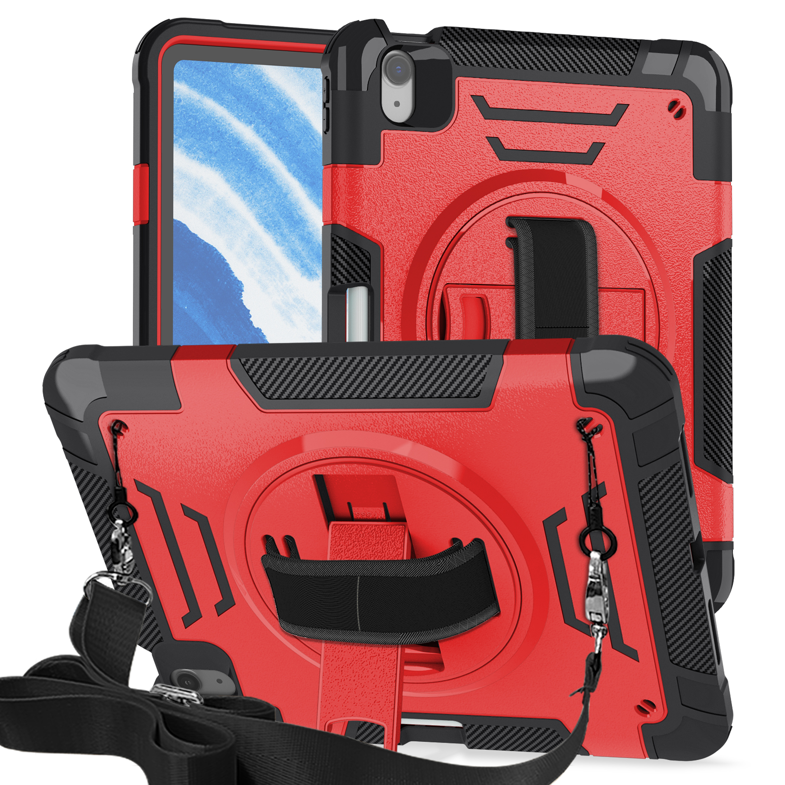 TOZIZO Red Heavy Duty iPad Air 11 Case 2024-2026 | 360° Multi-Angle Stand, Hand Grip & Wide Carry Strap for Warehouse and Logistics Teams