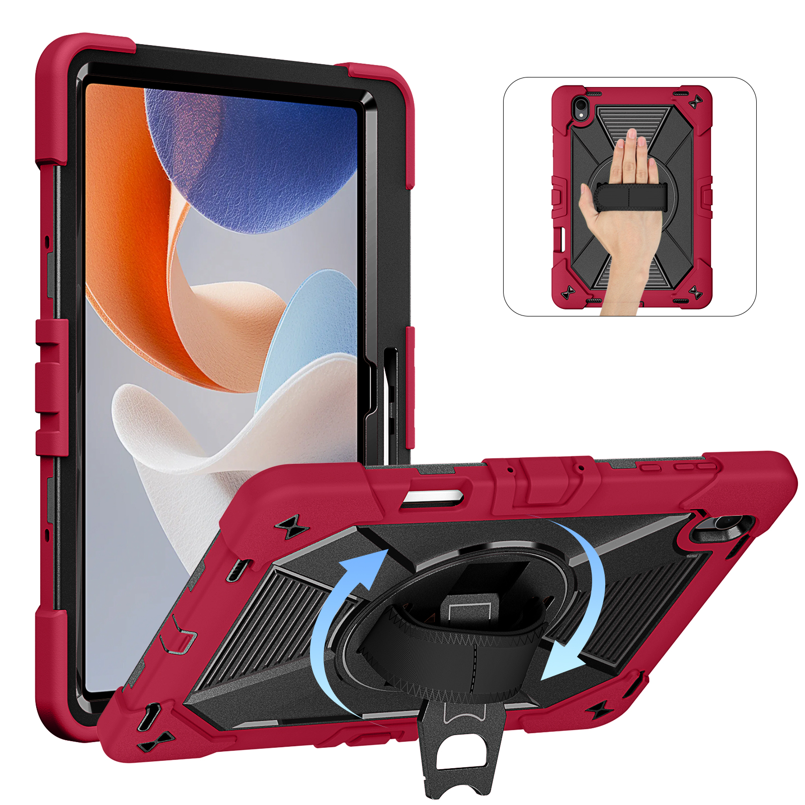 TOZIZO Wine Red Business Mobility Case for Samsung Tab S12 Plus – Rugged 3-in-1 Cover with 360° Rotating Stand, Hand Strap & Shoulder Carry