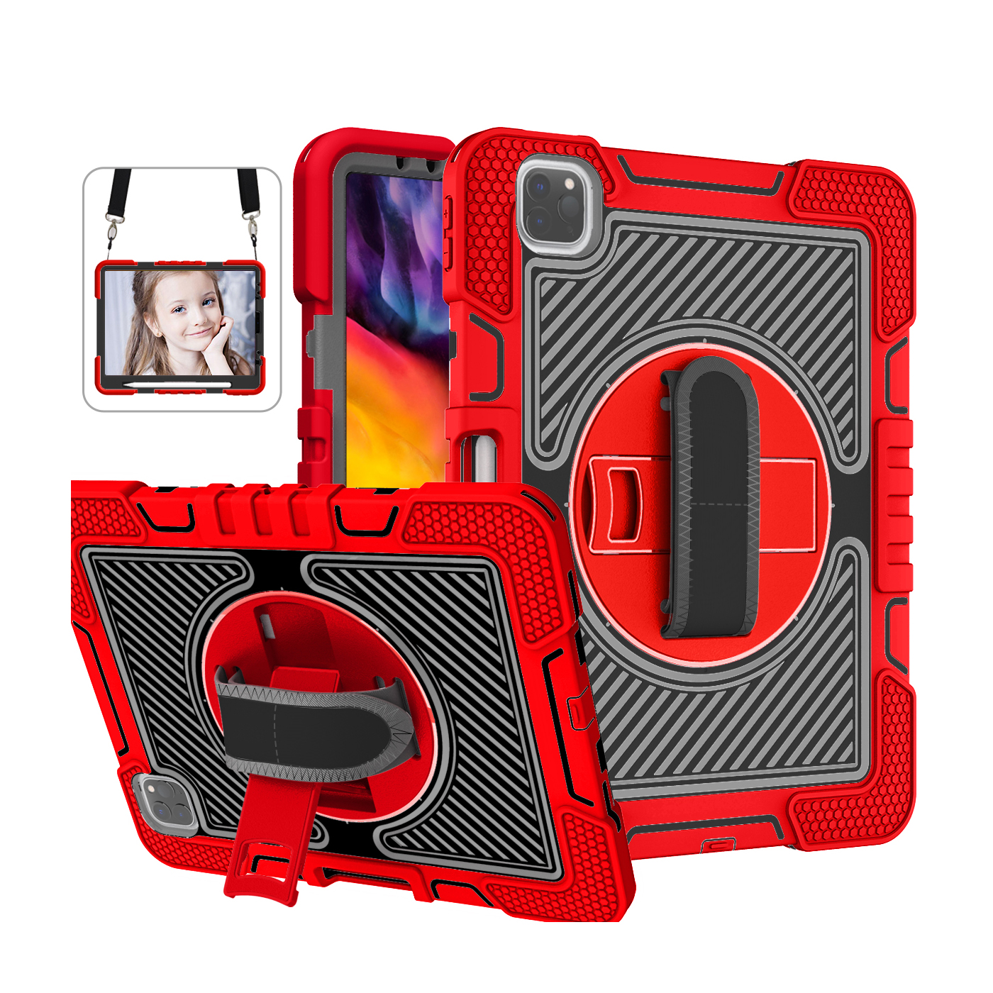 TOZIZO Red Shockproof Cover for iPad 11 Pro – 360° Multi-Angle Kickstand, Secure Hand Grip & Wide Adjustable Shoulder Strap, Heavy-Duty PC Silicone Case for Schools, Retail Chains & B2B Supply