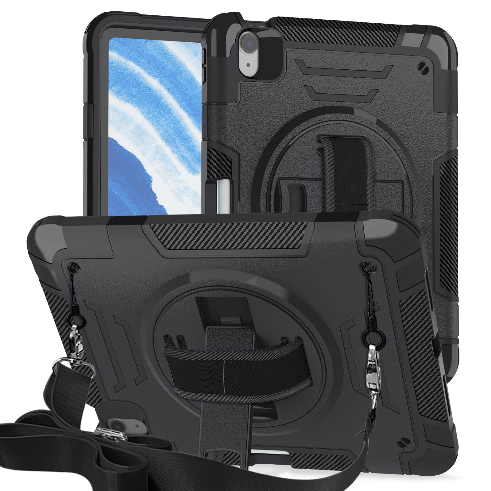 TOZIZO Black Rugged iPad Air 11 Case 2024-2026 | 360° Rotating Stand, Adjustable Hand Strap & Wide Shoulder Strap for Industrial B2B Procurement