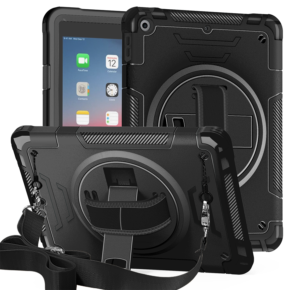 TOZIZO Black Rugged Case for iPad 5th/6th Gen 9.7 – 360° Rotating Stand, Hand Strap & Wide Shoulder Strap for Enterprise Fleets