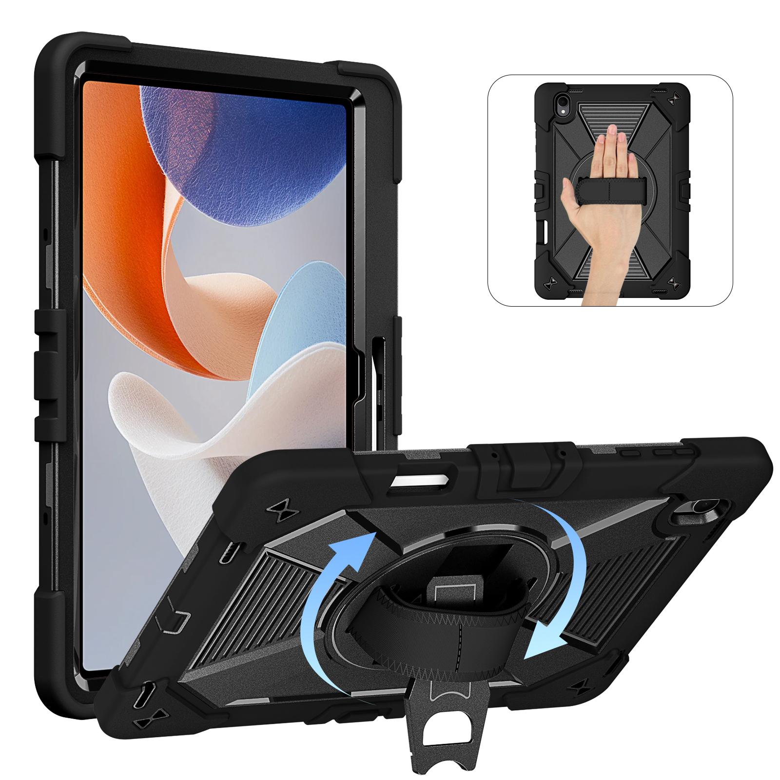 TOZIZO Black Industrial Rugged Case for Samsung Tab S12 Plus – 3-in-1 PC Silicone Armor with 360° Stand, Hand Strap & Wide Shoulder Strap