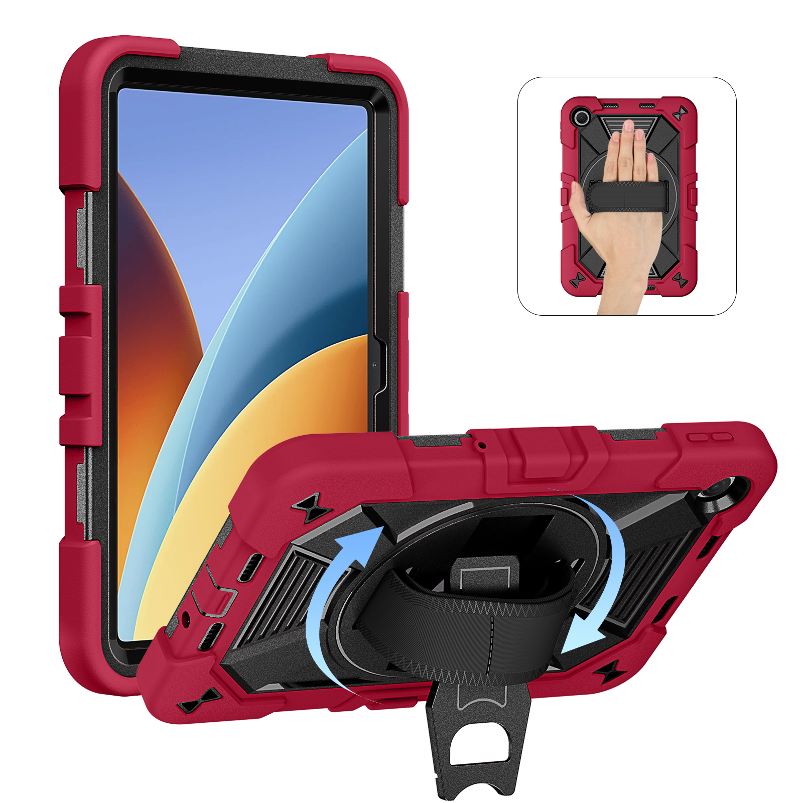 TOZIZO Business Mobility Case for Redmi Pad 2 9.7 – Wine Red, Rugged 3-in-1 Cover with 360° Rotating Stand, Hand Strap & Shoulder Carry