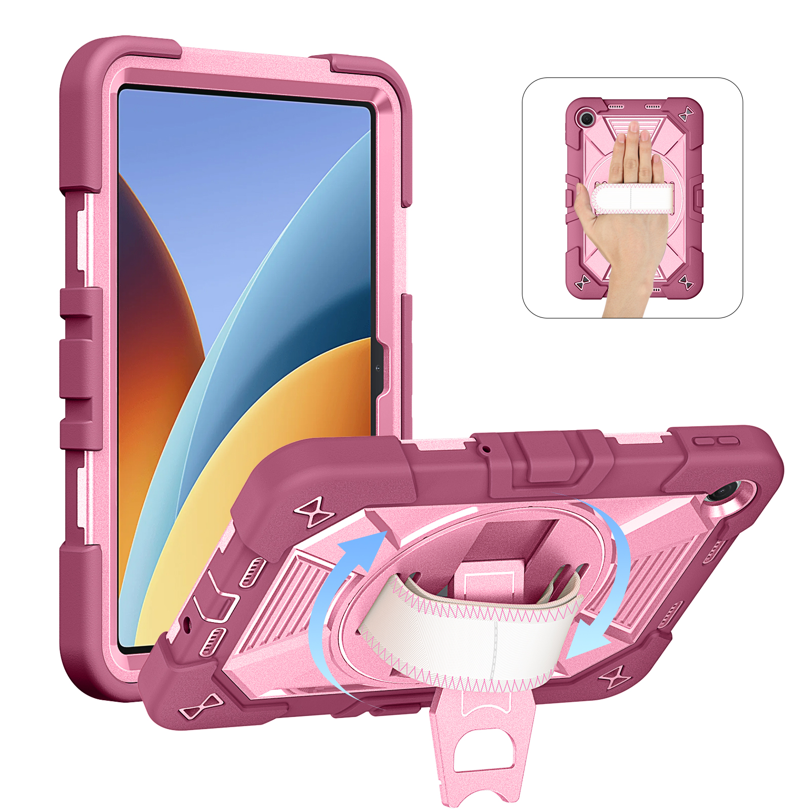 TOZIZO Retail & Hospitality Case for Redmi Pad 2 9.7 – Rose Red, Rugged 3-Layer Armor with 360° Stand, Secure Hand Grip & Adjustable Shoulder Strap