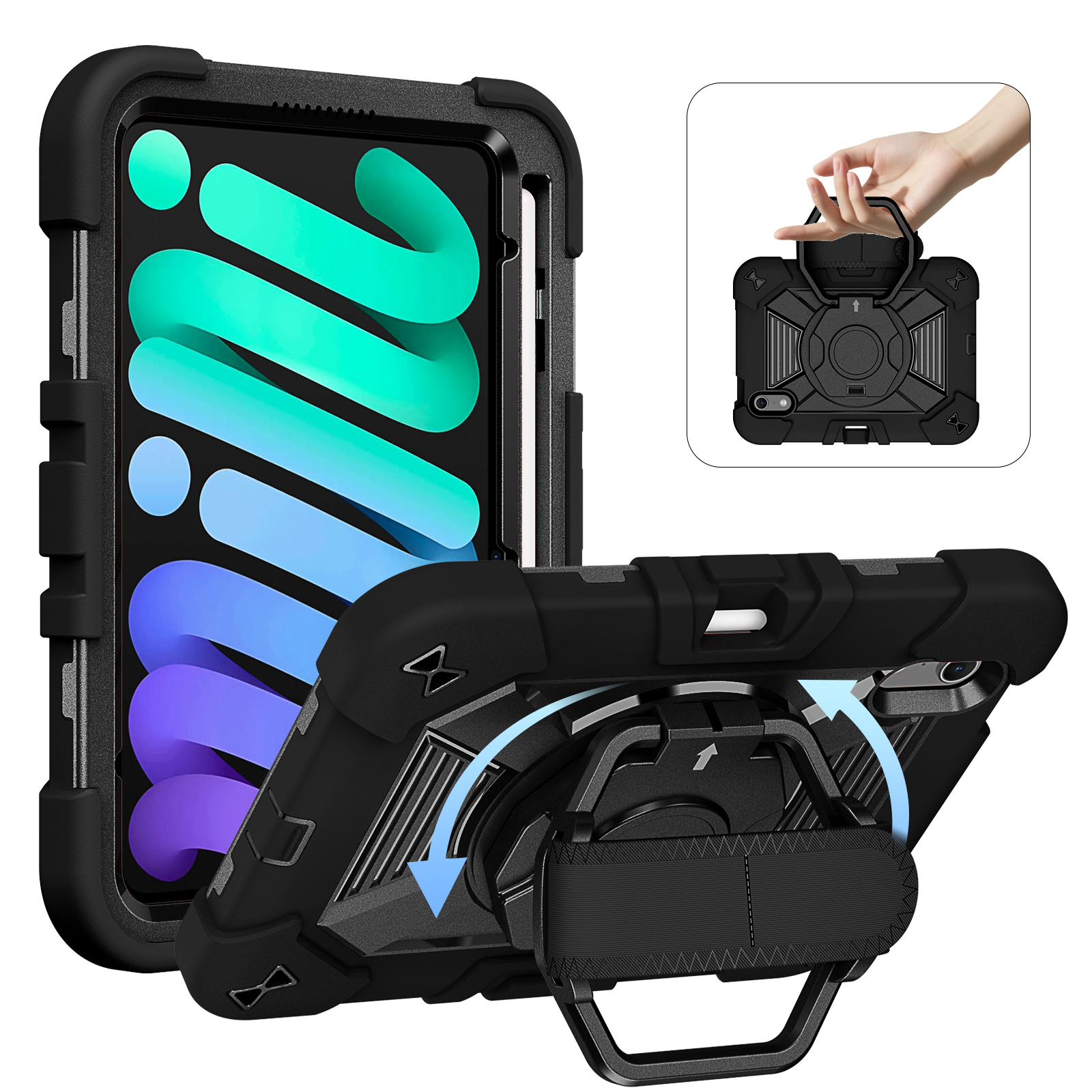 TOZIZO Black Rugged Protective Case for iPad Mini 8 with 360° Rotating Hanging Stand Hand Strap Shoulder Strap Heavy Duty Shockproof Silicone PC Armor Tablet Cover Wholesale