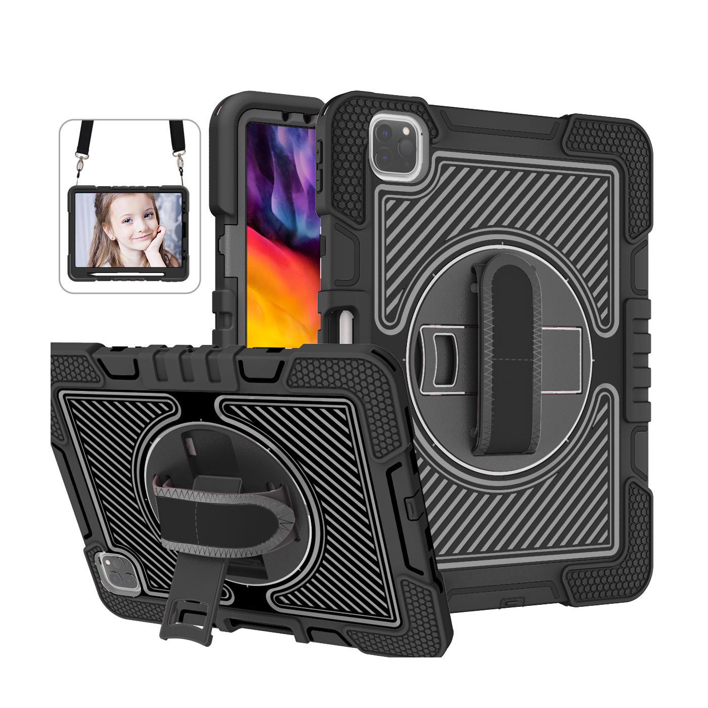 TOZIZO Black Rugged Case for iPad 11 Pro – 360° Rotating Stand, Adjustable Hand Strap & Wide Shoulder Strap, 3-Layer PC Silicone Protection for Enterprise IT & Warehouse Bulk Procurement