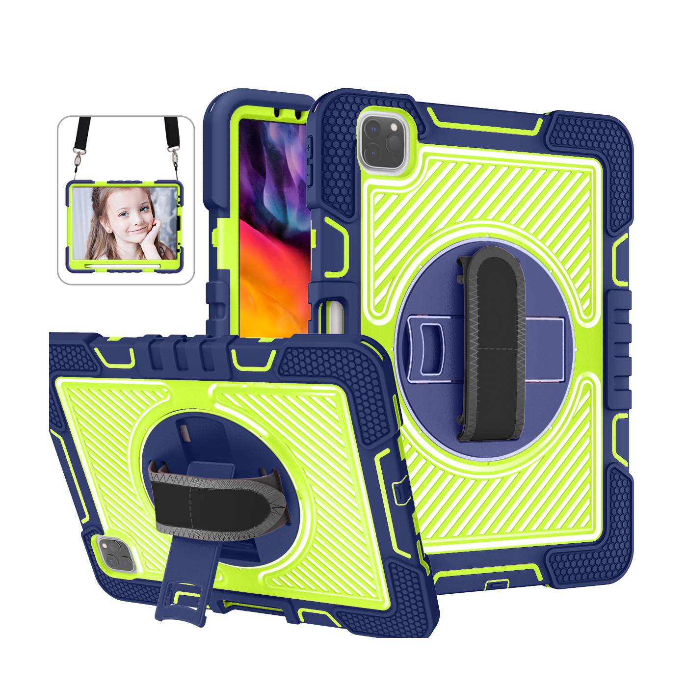 TOZIZO Navy Blue Industrial Case for iPad 11 Pro Adjustable Hand Grip & Wide Shoulder Strap, Drop/Slip/Dust-Resistant PC Silicone Cover for Logistics, Field Service & Fleet Procurement
