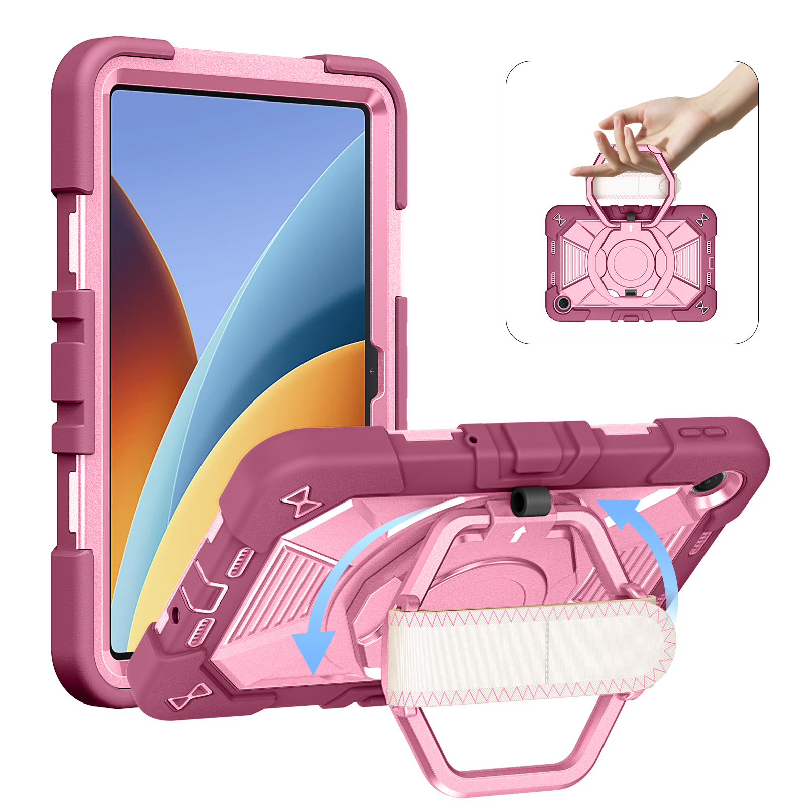 TOZIZO Rose Red Heavy Duty Case for Redmi Pad2 9.7 with 360° Rotating Stand, Adjustable Grip & Wide Shoulder Strap