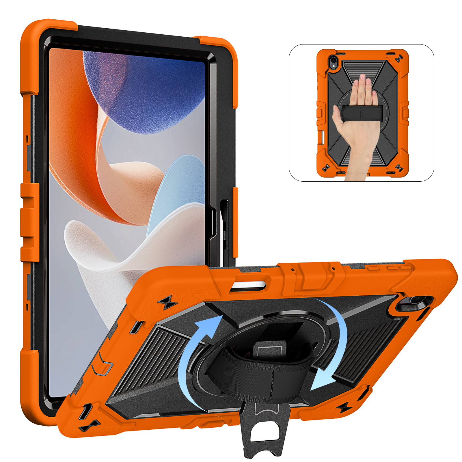 TOZIZO Orange Worksite Armor Case for Samsung Tab S12 Plus – Drop-Resistant PC Silicone Shell with 360° Stand, Secure Hand Grip & Carry Strap