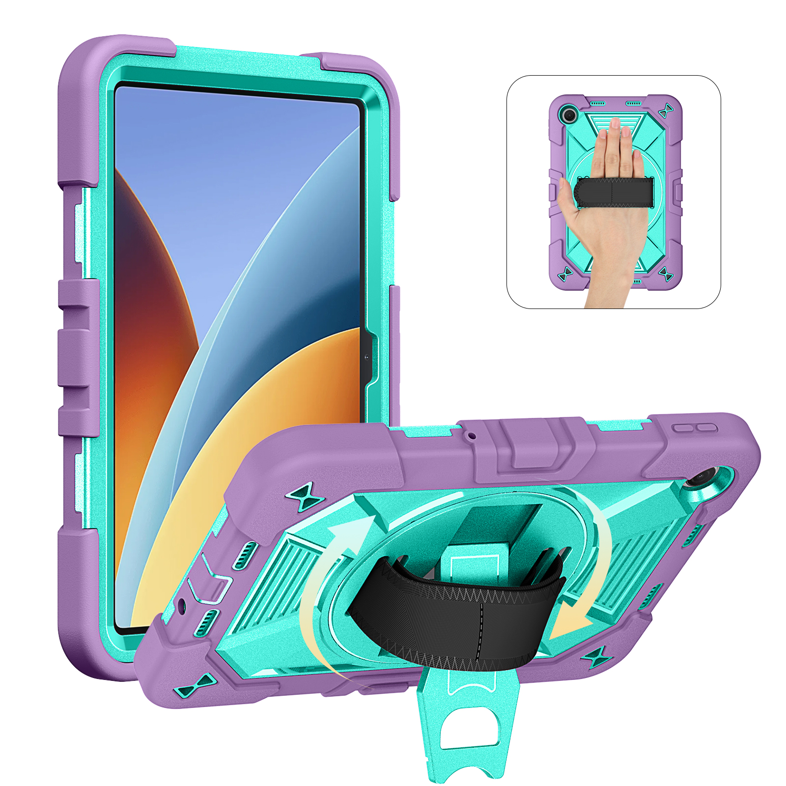 TOZIZO Institutional Tablet Case for Redmi Pad 2 9.7 – Purple Mint, Shockproof PC Silicone Cover with 360° Stand, Hand Strap & Shoulder Strap
