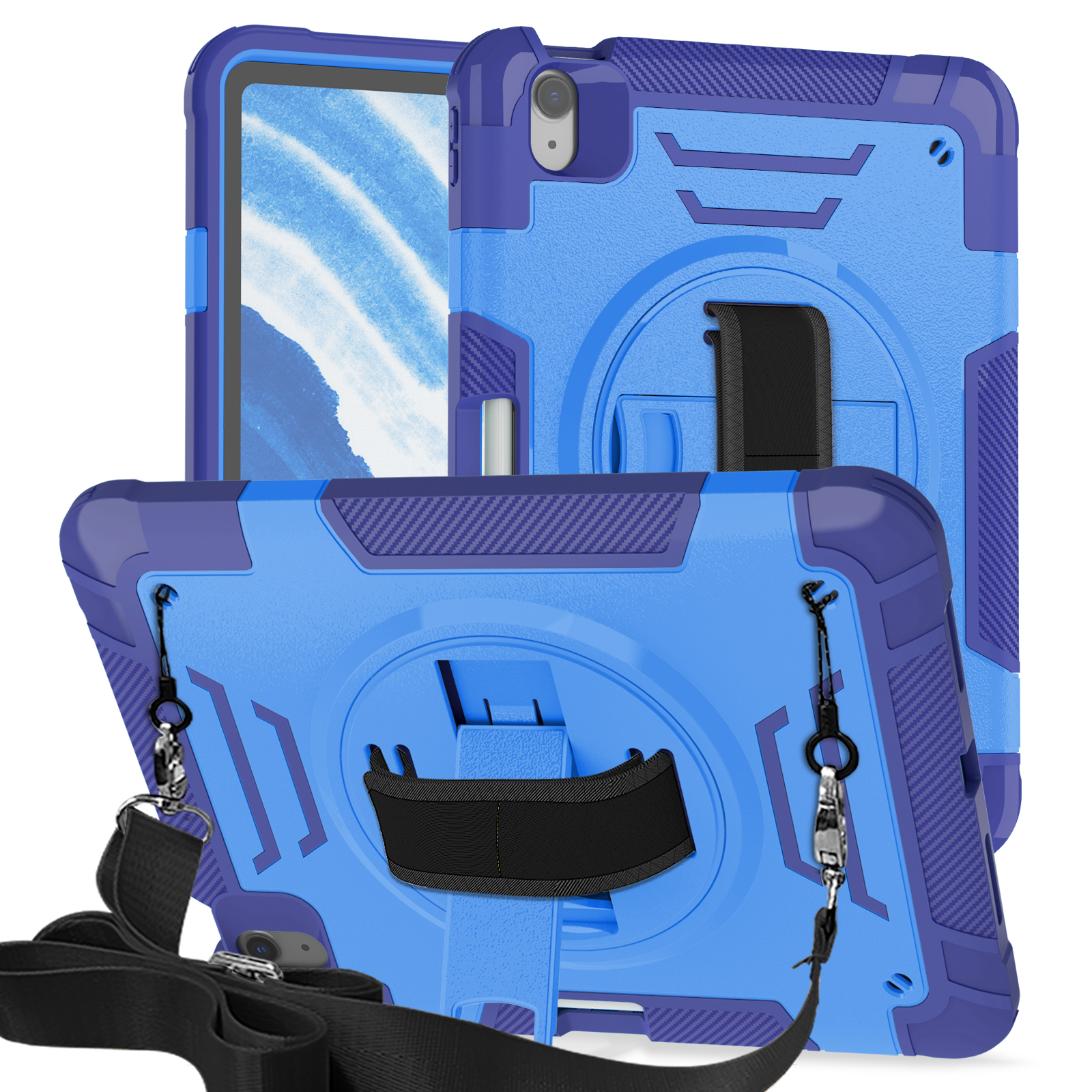 TOZIZO Blue For iPad Air 11 Work Case 2024-2026 | Rotating 360° Stand, Secure Hand Strap & Adjustable Wide Shoulder Strap for Mobile Teams