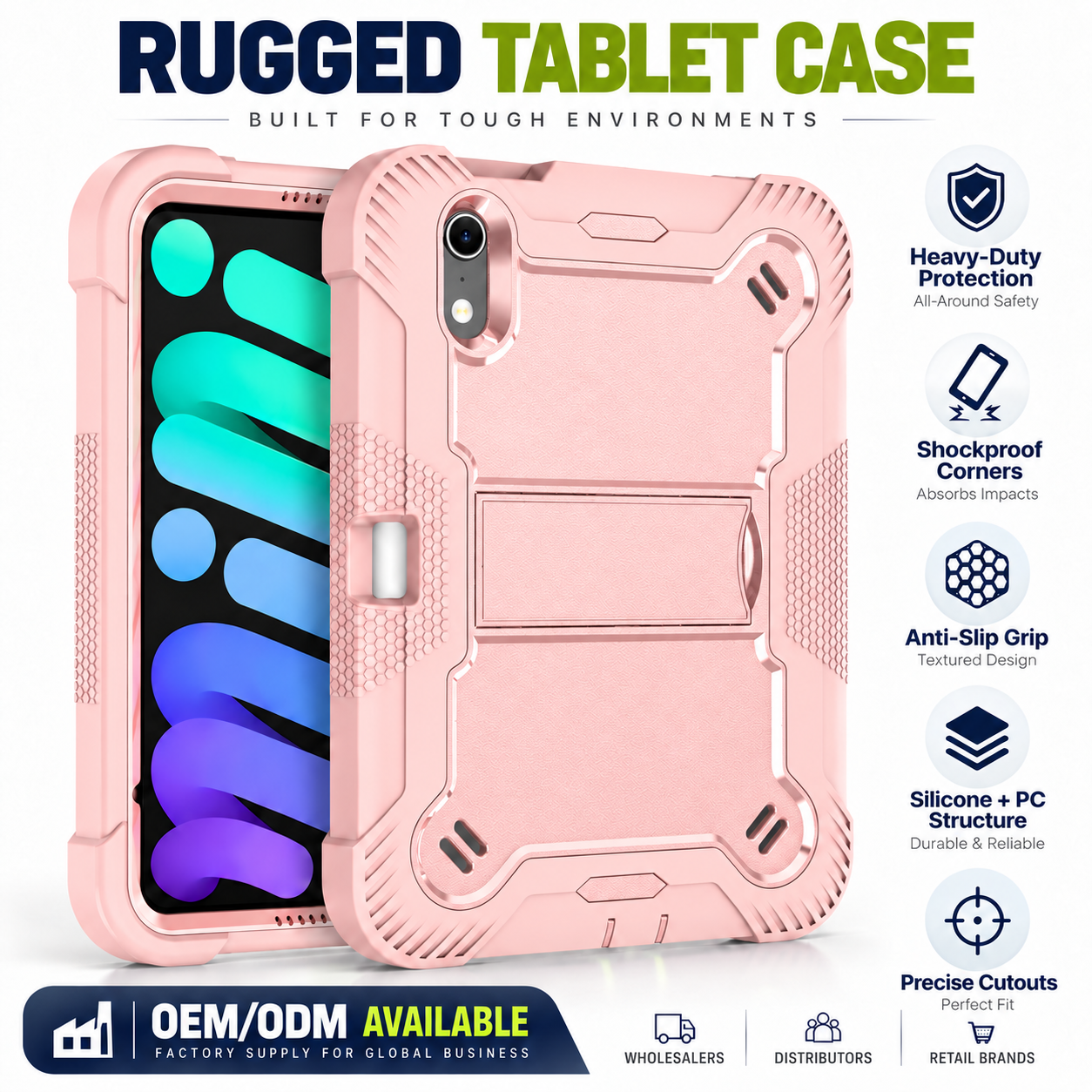 TOZIZO for iPad mini 8 Rose Gold Silicone PC Defender Case with Foldable Stand | Education & Retail Wholesale