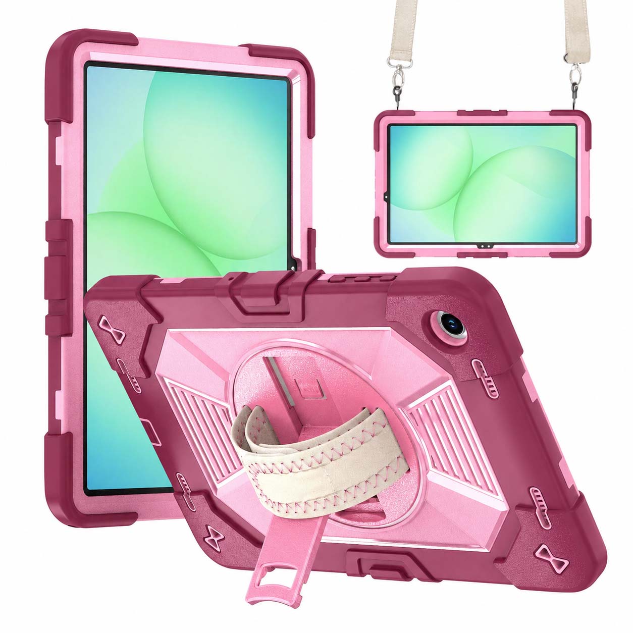 TOZIZO Mobile-Work Rugged Case for Samsung Tab A9+ / Tab A11+, 360° Rotating Stand & Wide Adjustable Shoulder Strap - Rose Red