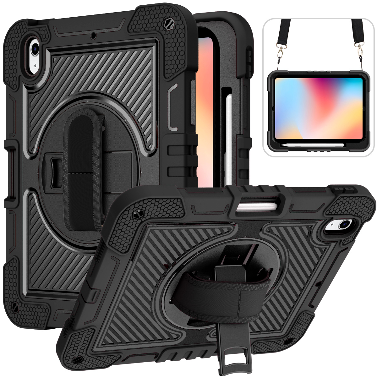 TOZIZO Enterprise 360° Rotating Case for iPad 11th Gen A16 2025, Heavy Duty Silicone PC Cover with Hand Strap & Wide Shoulder Strap - Black