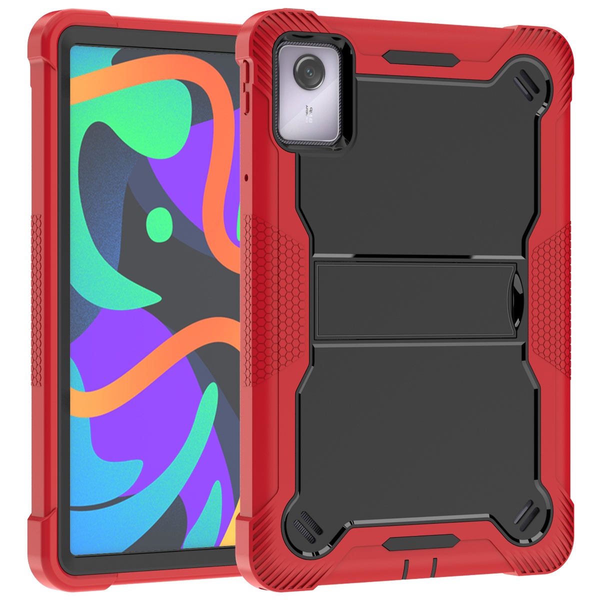 TOZIZO Red Black Industrial Armor Case for Lenovo Tab M11 2024 | Heavy-Duty Shockproof Kickstand Cover