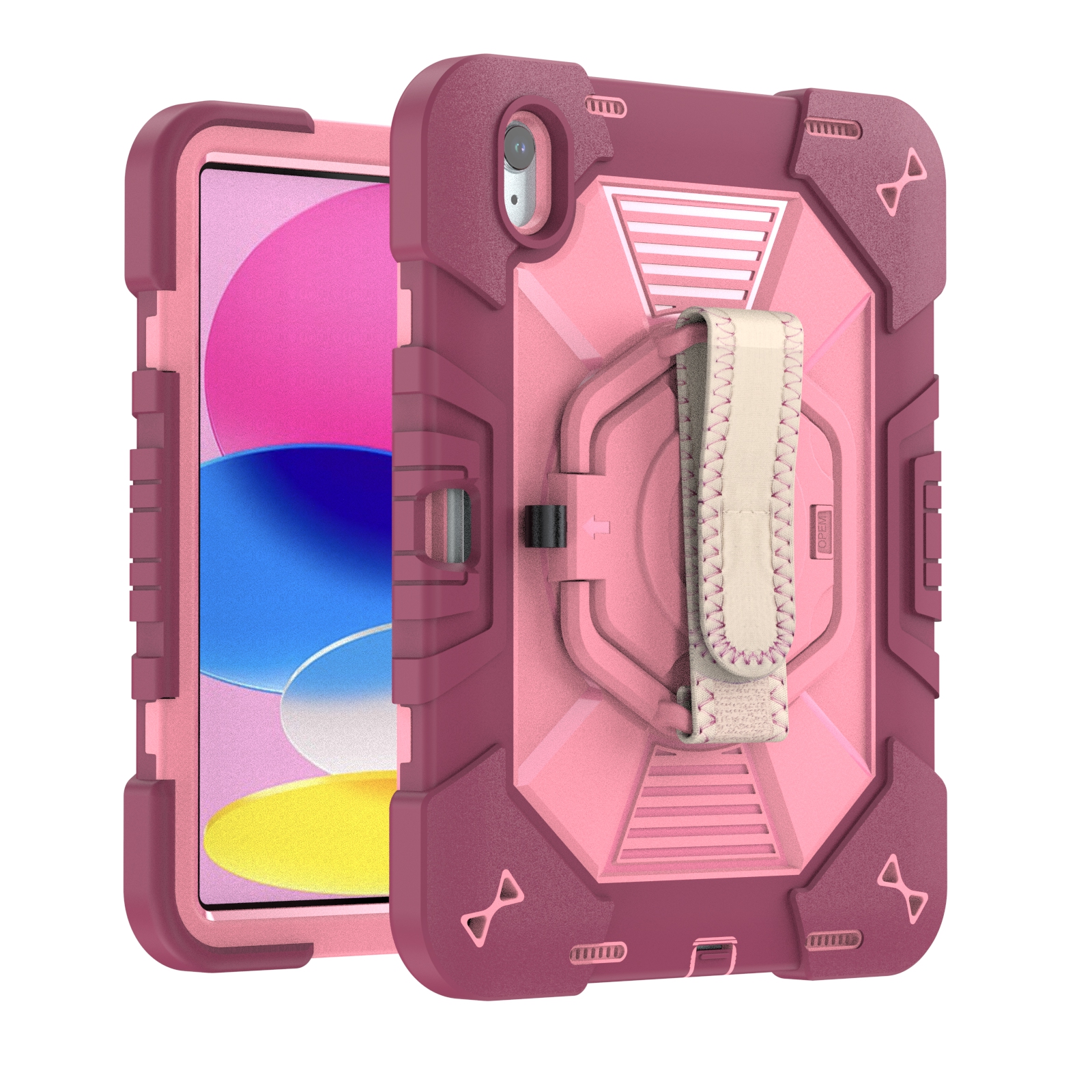 TOZIZO Rose Red POS & Hospitality Rugged Case for iPad 10th / 11th Gen A16 with 360° Rotating Stand and Carry Strap