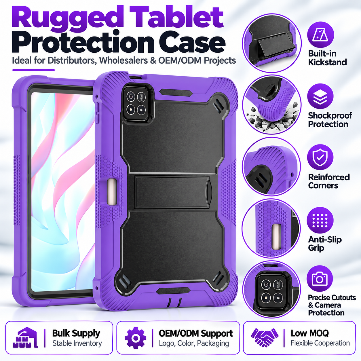TOZIZO Purple Black Industrial Tablet Defender Case for Xiaomi Pad 9 – Anti-Slip Shockproof 3-Layer Protective Cover for Bulk Buyers