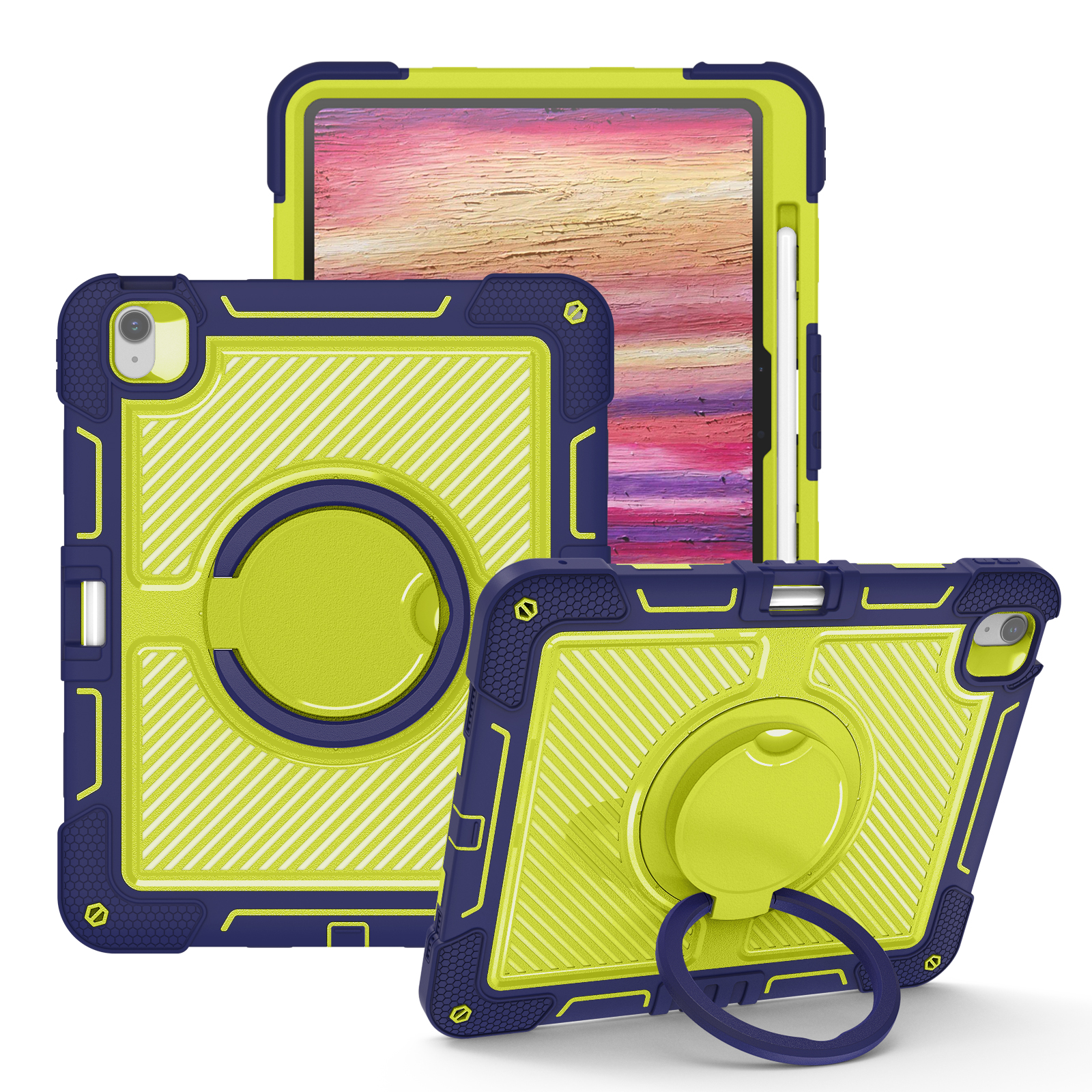 TOZIZO Navy Blue iPad Air 13 Armor Case | 3-in-1 Silicone PC 360° Stand Shoulder Strap for Enterprise