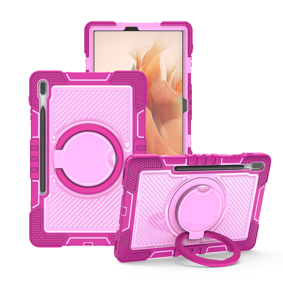 TOZIZO Wholesale Rugged Defender Case for Tab S7 FE - Rose Red 360° Kickstand Hookable Handle Adjustable Shoulder Strap Shockproof Cover