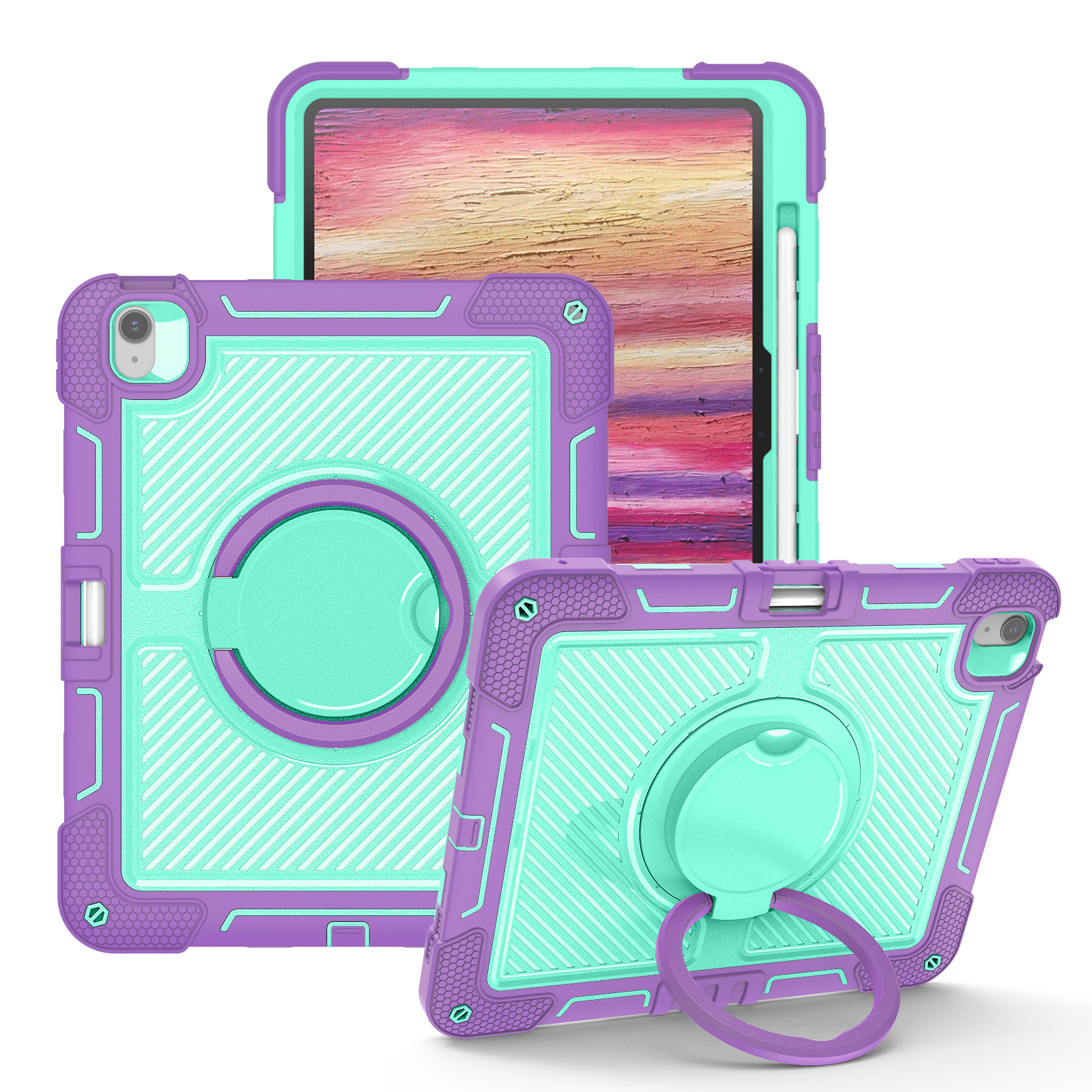 TOZIZO Purple Mint iPad Air 13 Heavy Duty Case | 360° Rotating Grip Stand Hookable Handle & Carry Strap