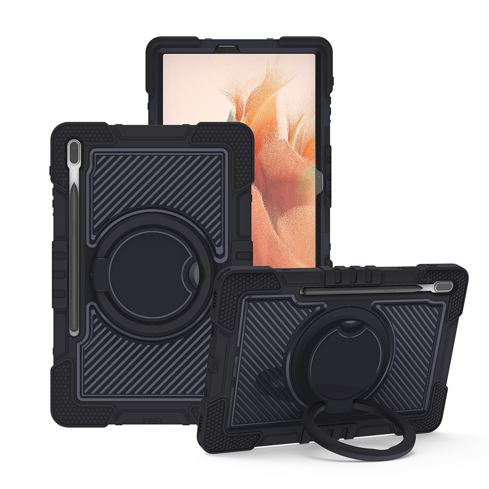 TOZIZO Heavy Duty Rugged Case for Tab S7 FE - Black 360° Rotating Stand Hand Grip Adjustable Shoulder Strap 3-in-1 Protective Cover