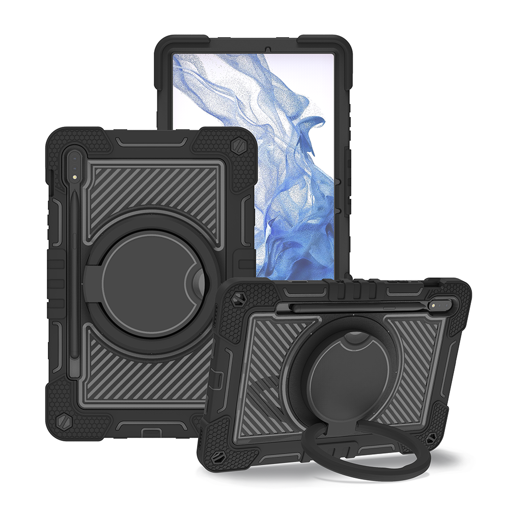 TOZIZO Black Heavy Duty Rugged Case for Samsung Galaxy Tab S8 with 360° Rotating Stand Handle & Wide Shoulder Strap – Industrial B2B